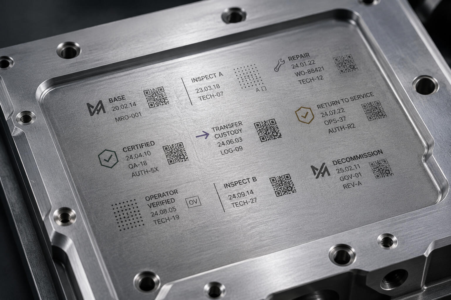 MagMeta — Asset-Layer Governance Infrastructure Close-up aerospace-grade metallic surface showing embedded reversible lifecycle governance marking integrated directly into the asset layer through MagMeta’s Base → Mark → Protect methodology.