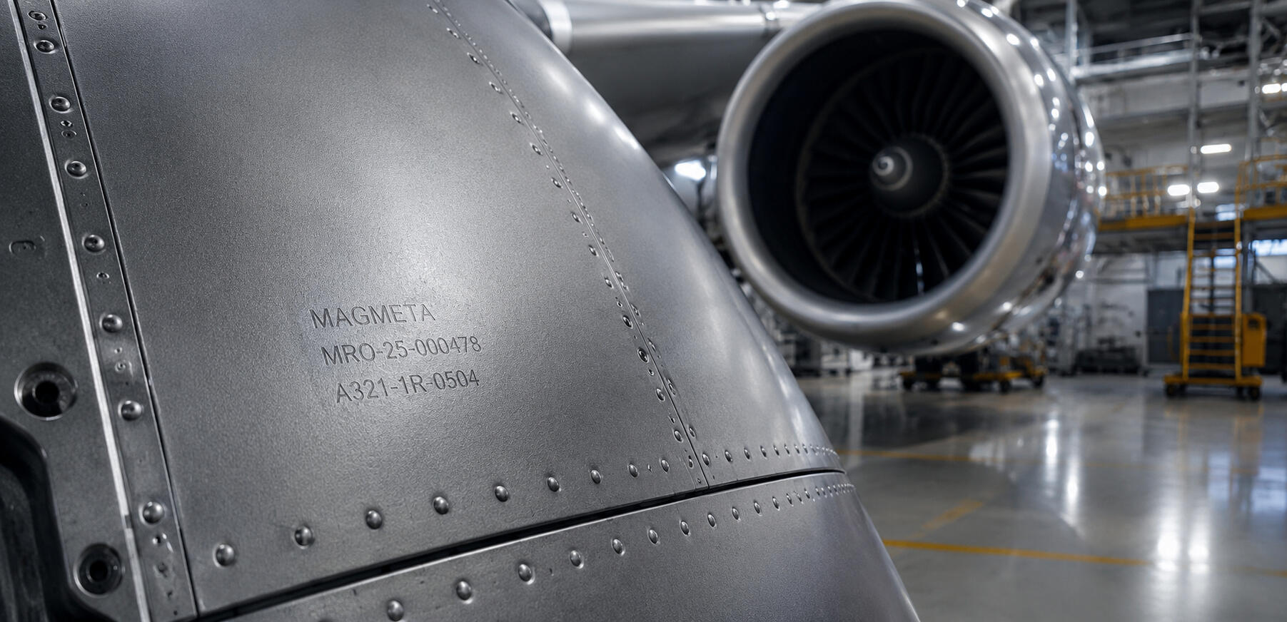 MagMeta — Asset-Layer Governance Infrastructure Close-up aerospace-grade metallic surface showing embedded reversible lifecycle governance marking integrated directly into the asset layer through MagMeta’s Base → Mark → Protect methodology.