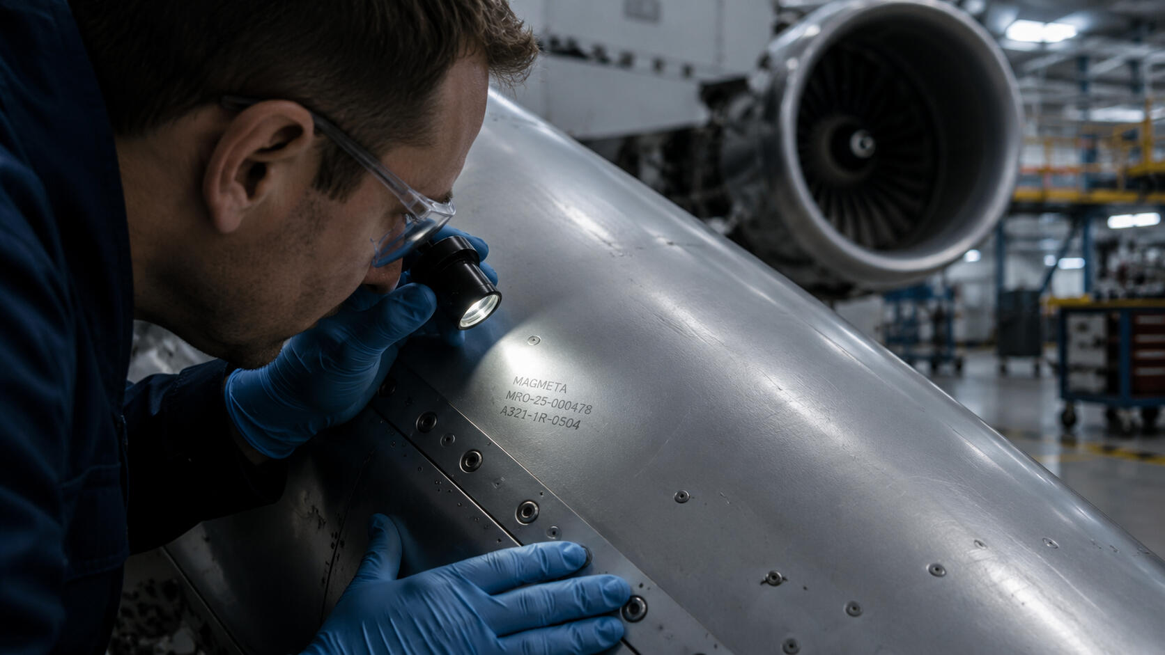 MagMeta — Asset-Layer Governance Infrastructure Close-up aerospace-grade metallic surface showing embedded reversible lifecycle governance marking integrated directly into the asset layer through MagMeta’s Base → Mark → Protect methodology.